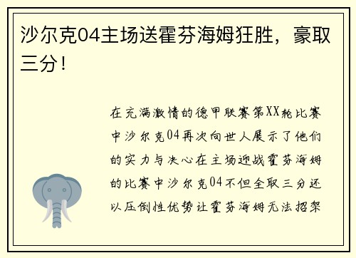 沙尔克04主场送霍芬海姆狂胜，豪取三分！