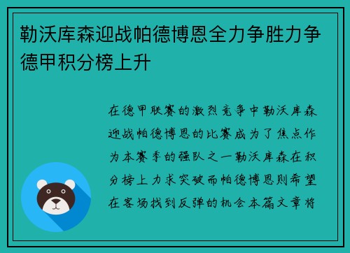 勒沃库森迎战帕德博恩全力争胜力争德甲积分榜上升