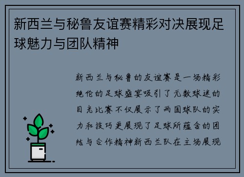 新西兰与秘鲁友谊赛精彩对决展现足球魅力与团队精神