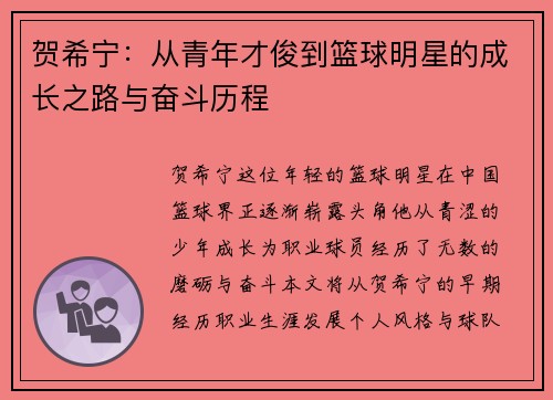 贺希宁：从青年才俊到篮球明星的成长之路与奋斗历程