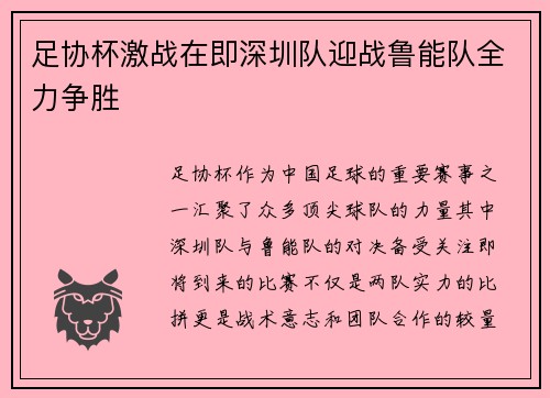 足协杯激战在即深圳队迎战鲁能队全力争胜