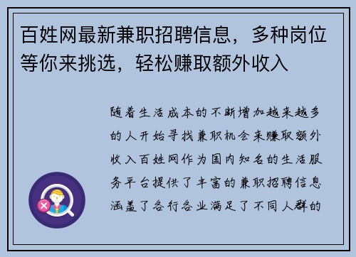 百姓网最新兼职招聘信息，多种岗位等你来挑选，轻松赚取额外收入
