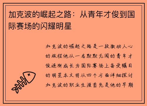 加克波的崛起之路：从青年才俊到国际赛场的闪耀明星