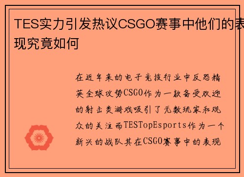 TES实力引发热议CSGO赛事中他们的表现究竟如何