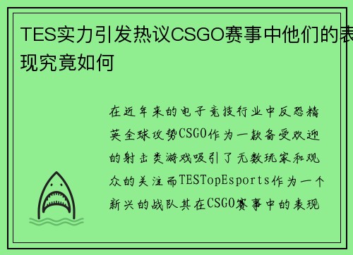 TES实力引发热议CSGO赛事中他们的表现究竟如何