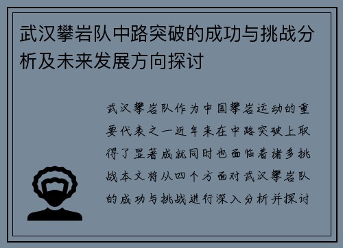 武汉攀岩队中路突破的成功与挑战分析及未来发展方向探讨