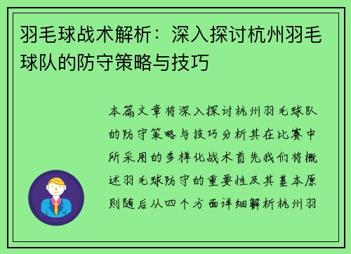 羽毛球战术解析：深入探讨杭州羽毛球队的防守策略与技巧