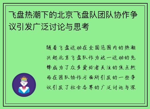 飞盘热潮下的北京飞盘队团队协作争议引发广泛讨论与思考